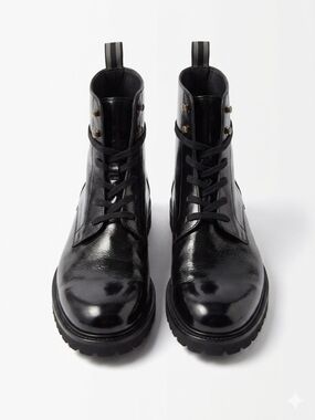 Mezlan Artisan Collection Black Patent Leather Combat Boots, Handmade in Spain